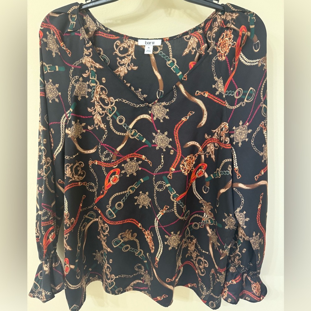 Bar III Black Blouse Red and green Chain Pattern